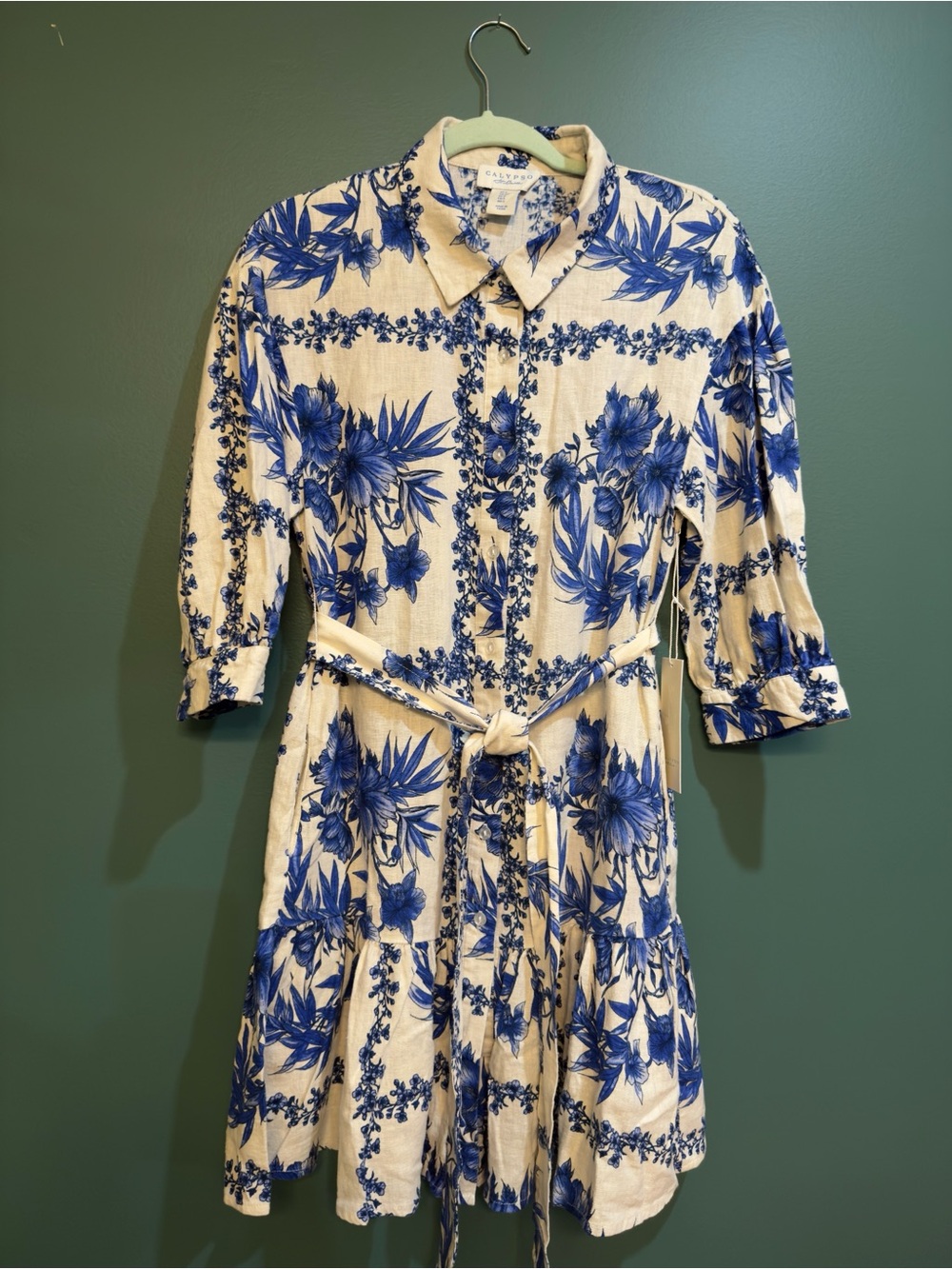 Calypso St. Barth Cream and Blue Floral Tie-Waist Mini Dress Size Medium NWT - Picture 2 of 7